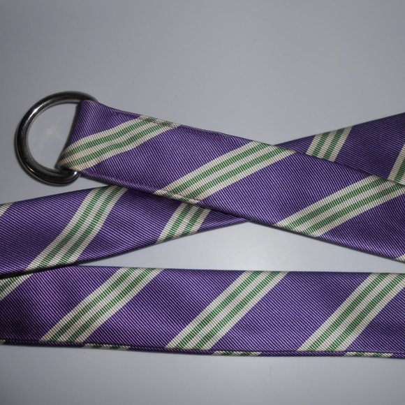 J Crew Silk Belt D Rings Purple Green Diagonal Stripe S/M Small Medium - Picture 2 of 9